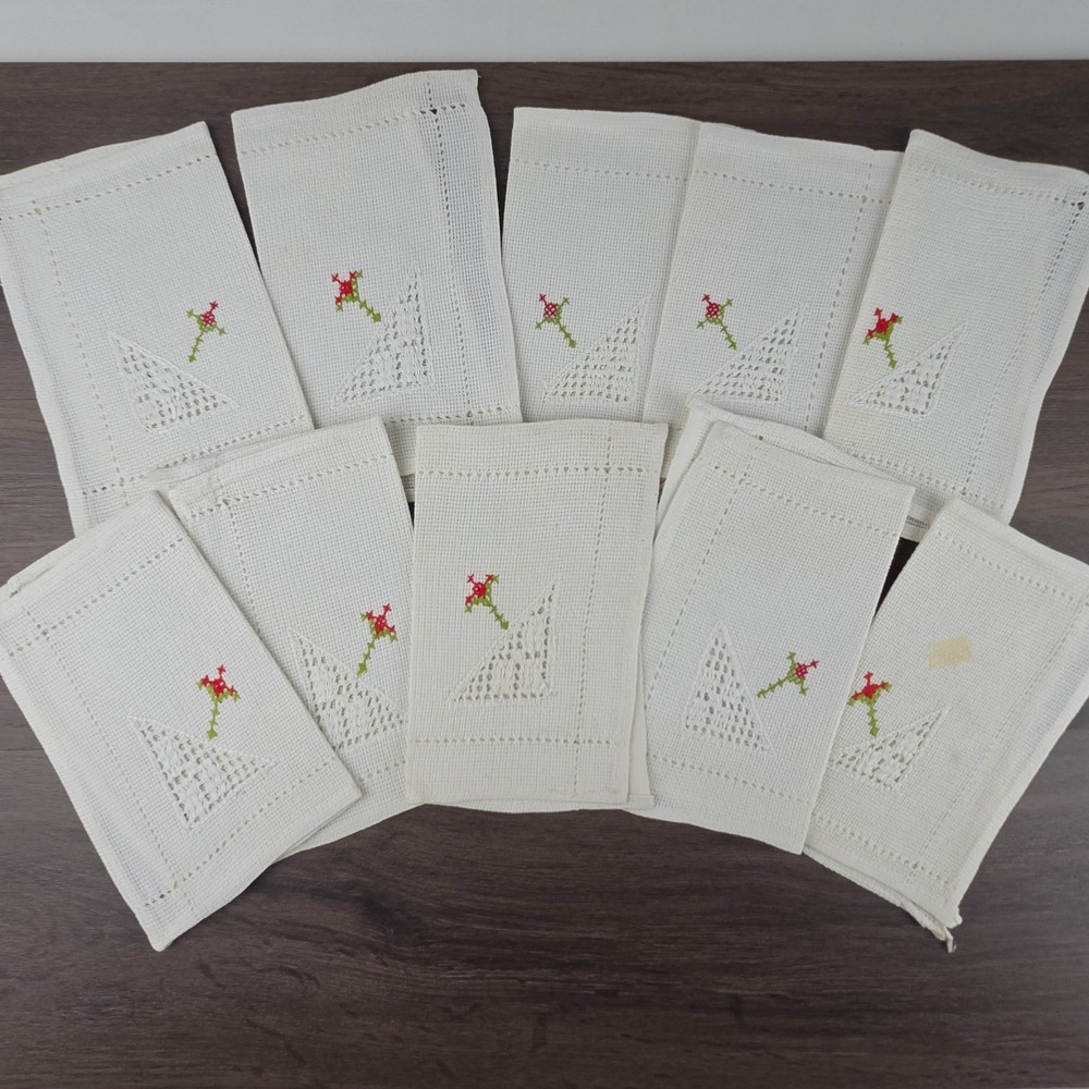 Vintage Hand Embroidered Cocktail Napkin Set 10pc White Floral Lace Cottagecore